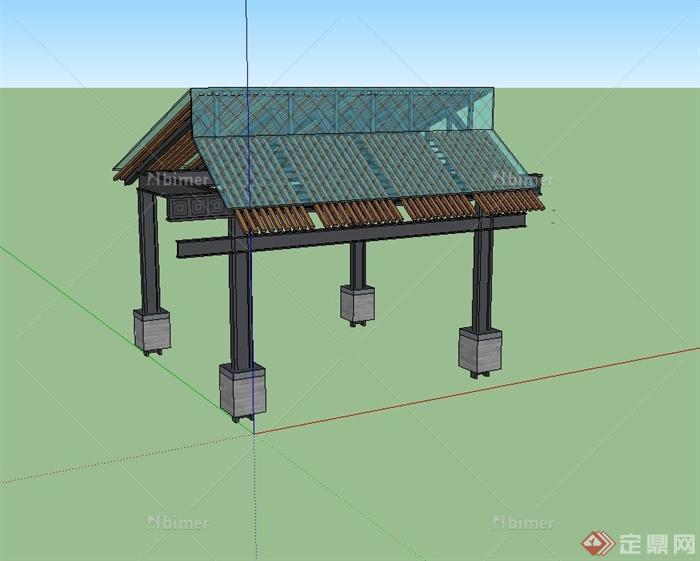 现代中式玻璃廊架设计su模型