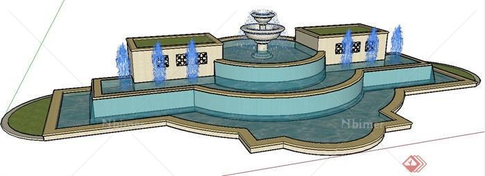 现代喷泉跌水景观水池设计su模型[原创]