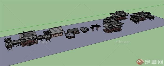 多栋古典大雄宝殿建筑设计SU模型