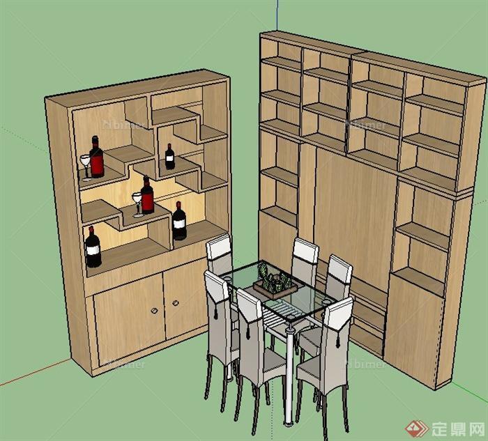 现代室内六人餐桌椅与酒柜设计SU模型
