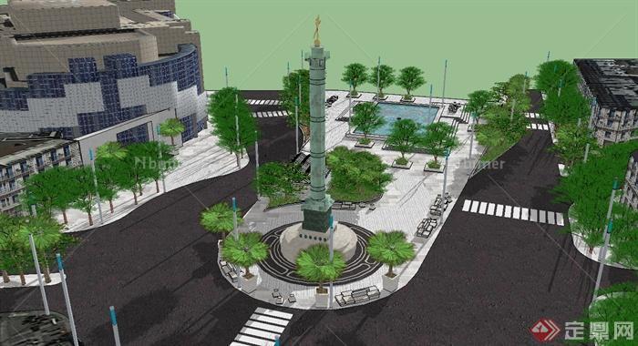 欧式喷泉小广场景观及建筑设计SU模型[原创]