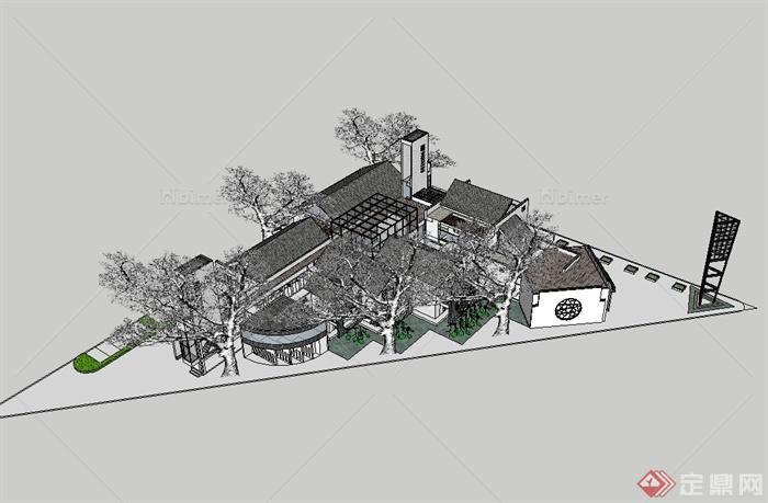 新中式服务旅游中心建筑楼设计su模型[原创]