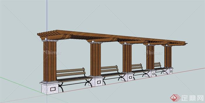 欧式木廊架、坐凳组合设计su模型