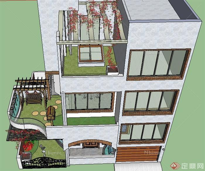 某三层住宅建筑以及庭院花园景观设计SU模型
