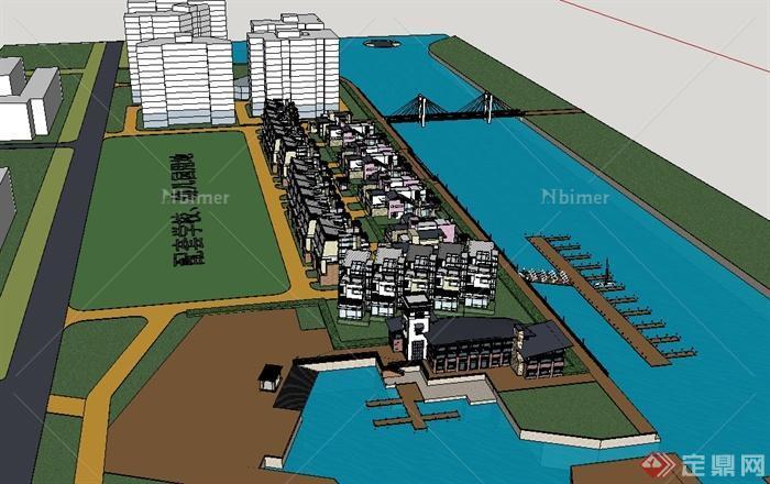某现代中式风格滨河住宅楼设计su模型[原创]