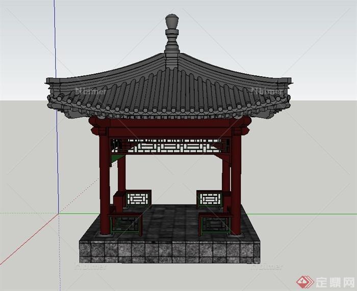 古典中式四角带斗拱亭子设计SU模型