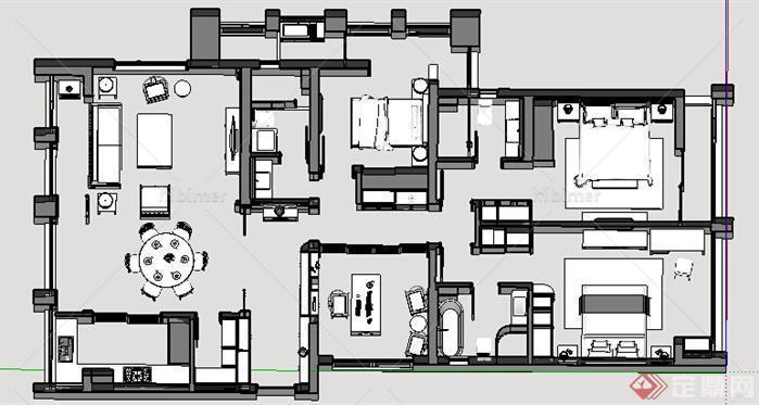 一套中式大户型家居装潢方案SU精致设计模型