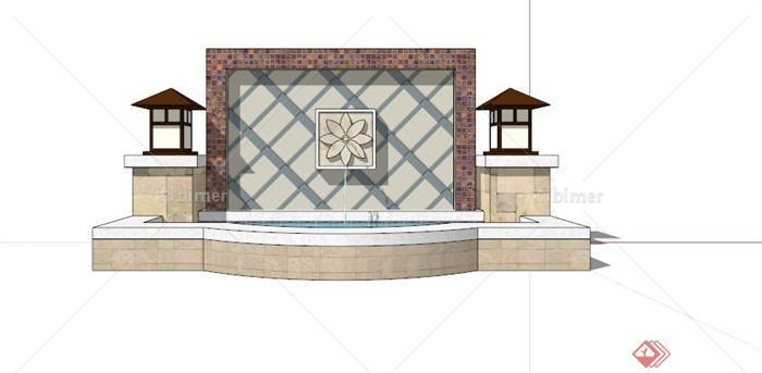 现代中式花型喷水景墙SU模型