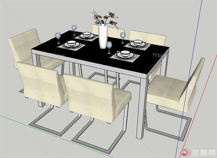 室内装饰简约六人座餐桌椅su模型