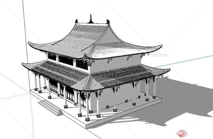某古典中式两层晚香堂建筑设计SU模型