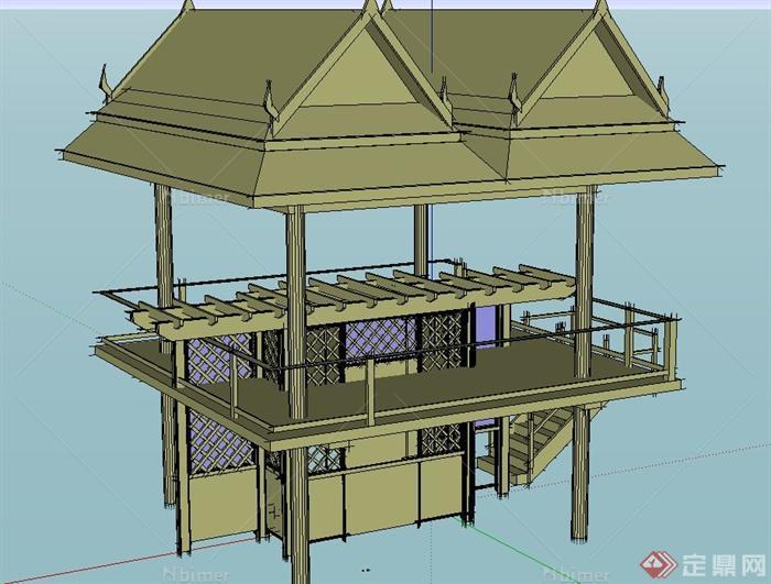 某园林景观节点木质两层凉亭设计SU模型