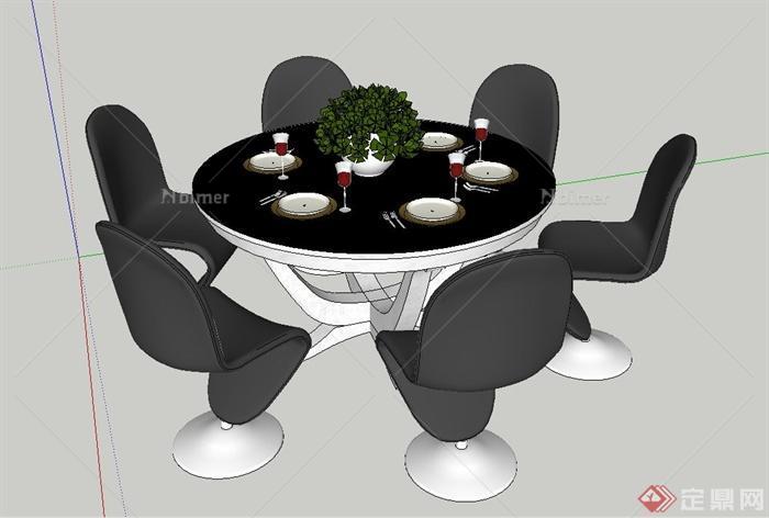 现代简约风格室内圆形餐桌椅设计SU模型