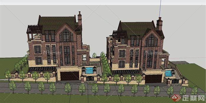 两栋欧式三层别墅建筑设计SUI模型