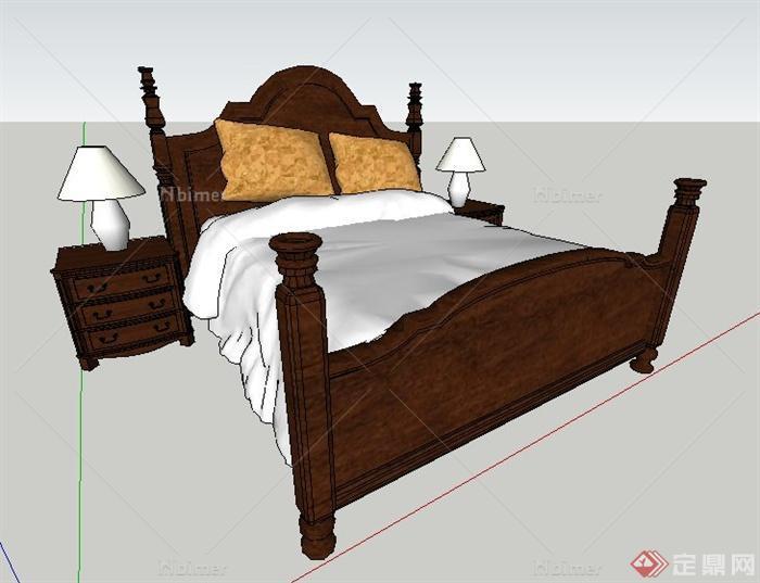 美式风格木制床与床头柜su模型
