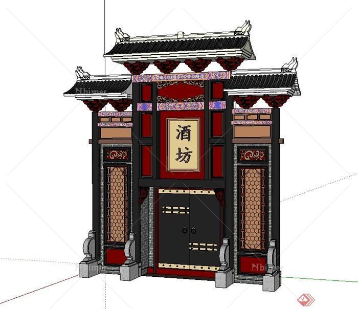 古典中式风格精致详细入口酒坊门设计SU模型[原创