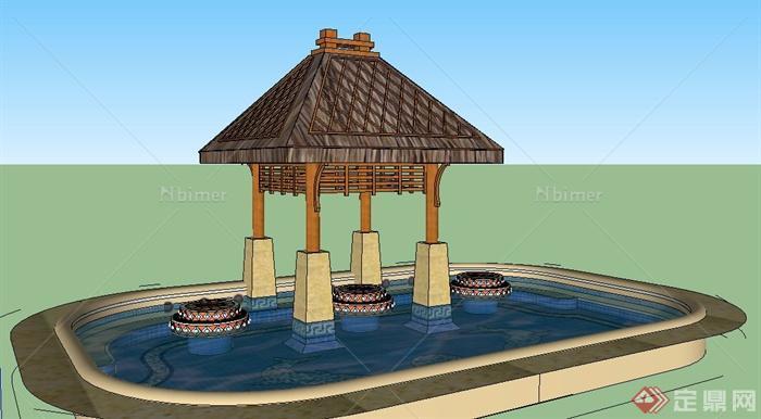 东南亚风格凉亭及小泳池su模型