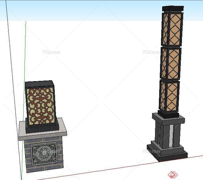 两款现代中式风格灯柱su模型