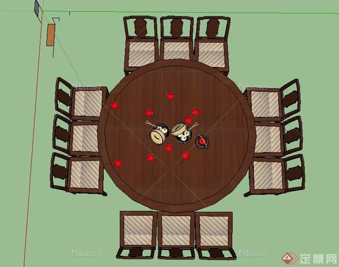 木质12人餐桌椅设计SU模型