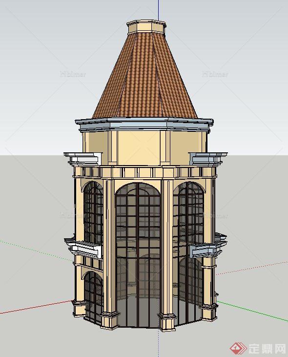 欧式两层塔楼建筑设计SU模型