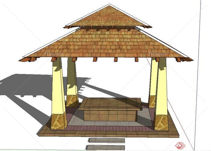 东南亚风格重檐四角亭设计SU模型