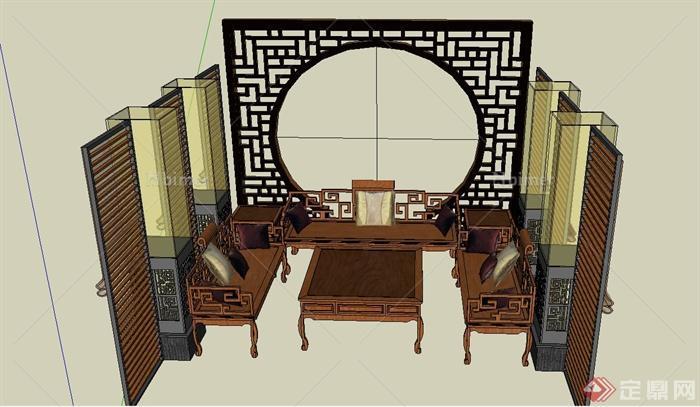中式风格室内桌椅茶具设计SU模型