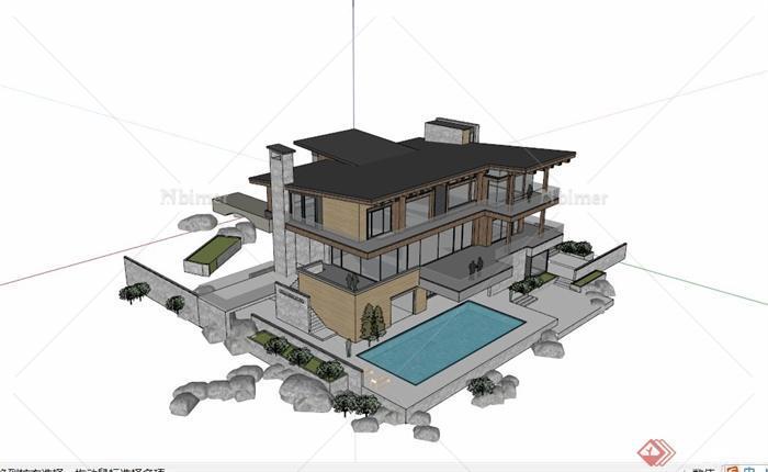 现代三层水景别墅建筑SU模型