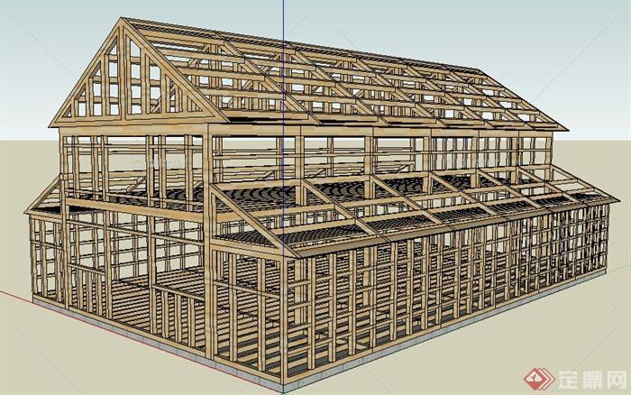 某二层建筑木制框架su模型