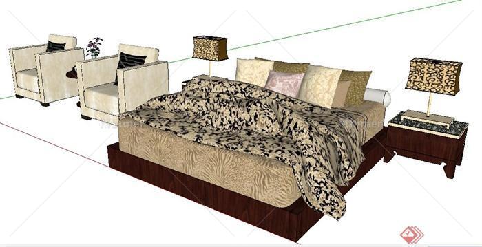 中式风格床及沙发茶几su模型