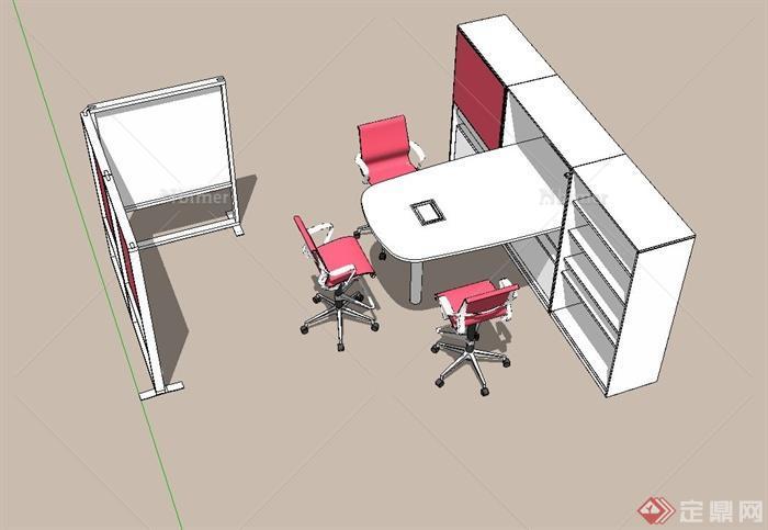 某现代室内办公桌椅、柜子、隔断屏风组合设计su