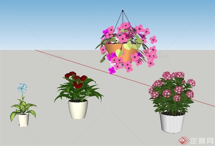 四株盆栽植物su模型