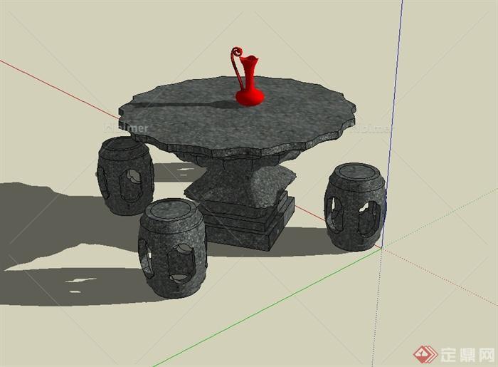 某古典中式风格石桌石凳设计su模型
