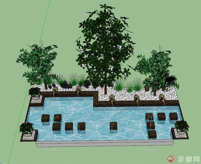 现代中式组合水池景观设计SU模型