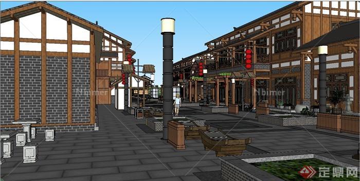 某现代中式川东风格的商业街建筑设计SU模型[原创
