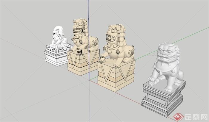 古典中式石狮雕塑小品合集SU模型
