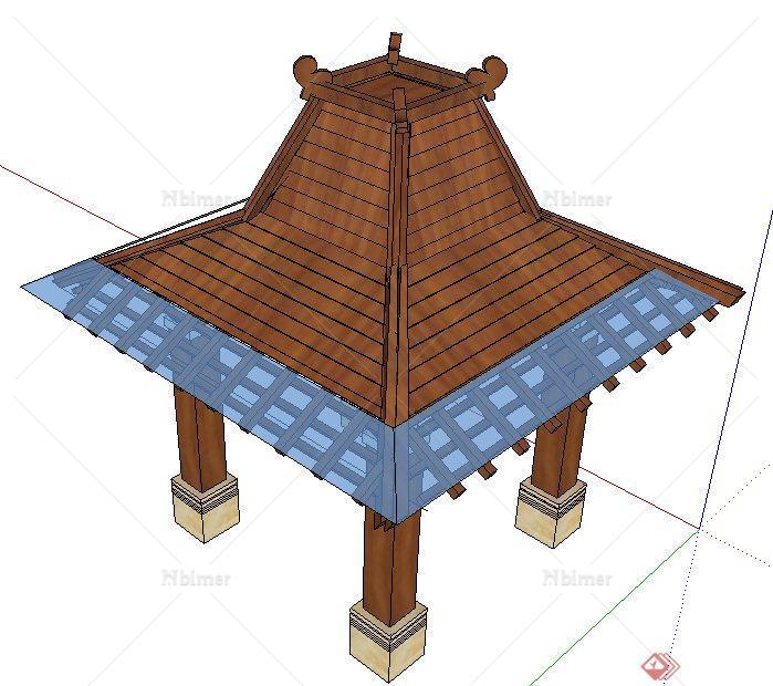 某泰式风格木制四角凉亭su模型