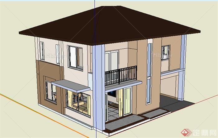 某现代风格双层住宅带简易家具建筑设计SU模型