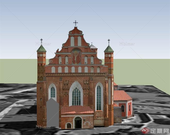 某歐式組合粉色基督教堂建築設計su模型