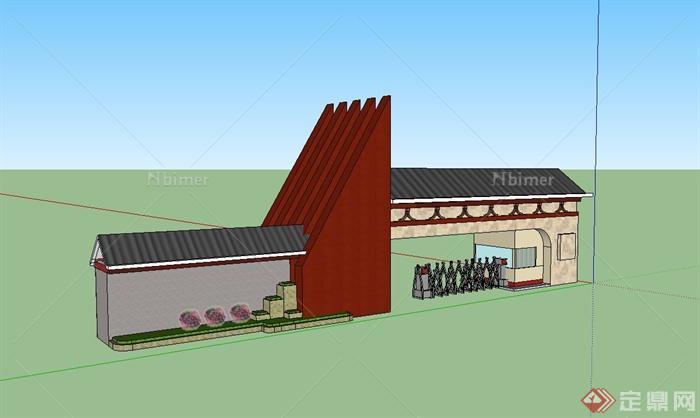 新中式风格学校的大门入口设计su模型