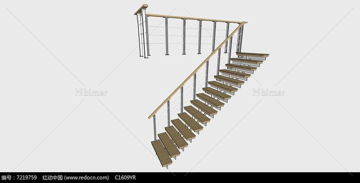 简约原木色楼梯SU模型