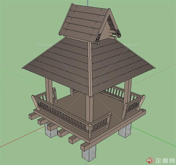 园林景观节点木质双檐四角亭设计SU模型
