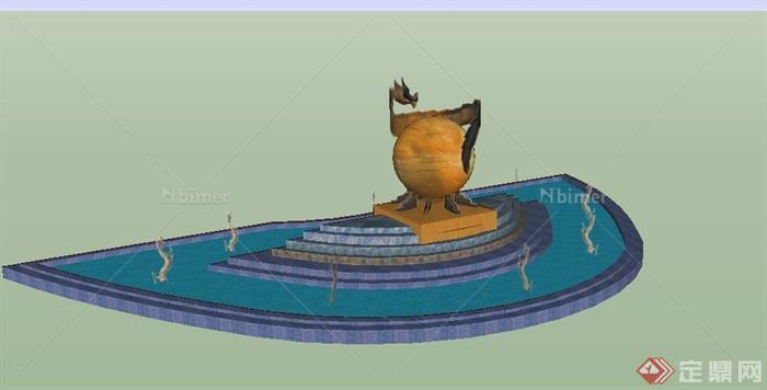某现代中式水池景观设计SU模型