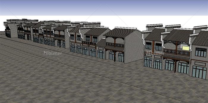 现代中式沿街商铺建筑设计su模型