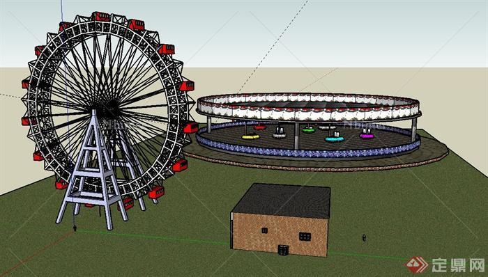 现代游乐场摩天轮、蹦蹦车设计SU模型