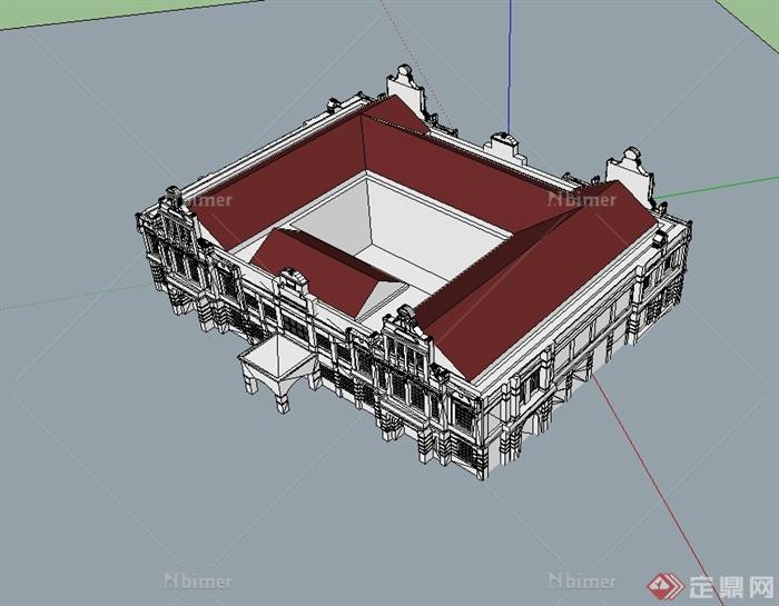 欧式多层合院办公楼建筑楼设计su模型[原创]