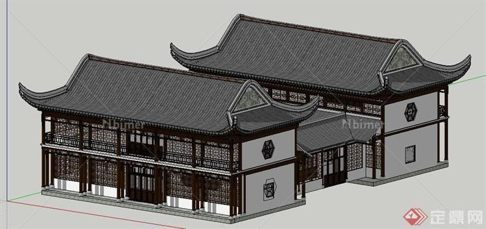 中式风格二层酒馆建筑设计su模型
