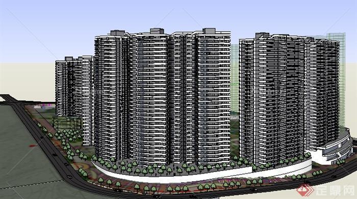 某现代风格高层住宅建筑设计方案SU模型13