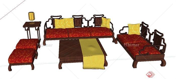 一组中式风格沙发茶几组合家具su模型