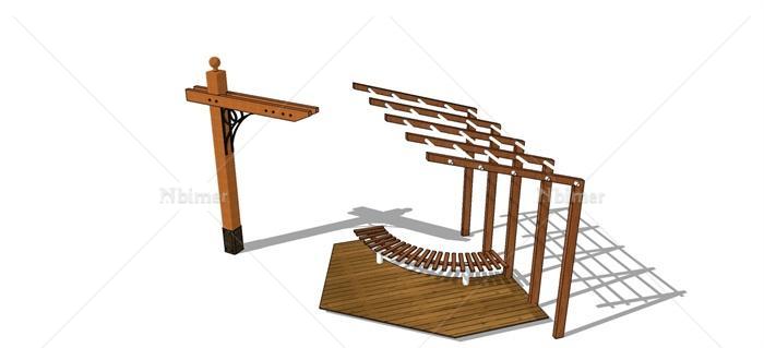 现代木廊架设计su模型（含坐凳）[原创]