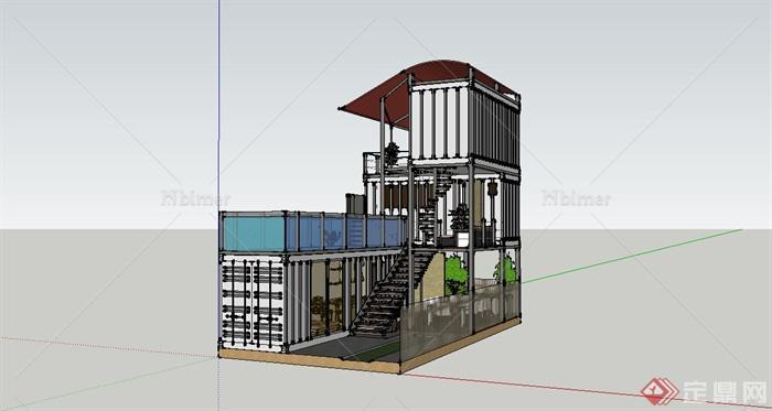 某现代风格集装箱式多层住宅建筑设计SU模型[原创