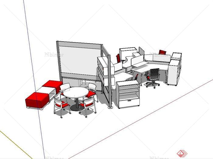 现代风格室内办公室桌椅组合设计SU模型[原创]